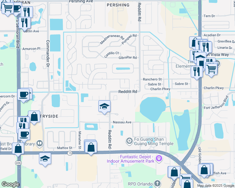 map of restaurants, bars, coffee shops, grocery stores, and more near 6823 Redditt Road in Orlando