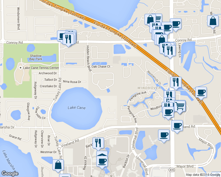 map of restaurants, bars, coffee shops, grocery stores, and more near 6586 Hidden Beach Circle in Orlando