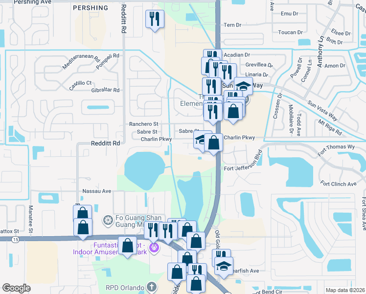 map of restaurants, bars, coffee shops, grocery stores, and more near 4107 Hampshire Village Court in Orlando