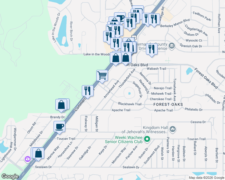 map of restaurants, bars, coffee shops, grocery stores, and more near 4027 Thunderbird Avenue in Spring Hill