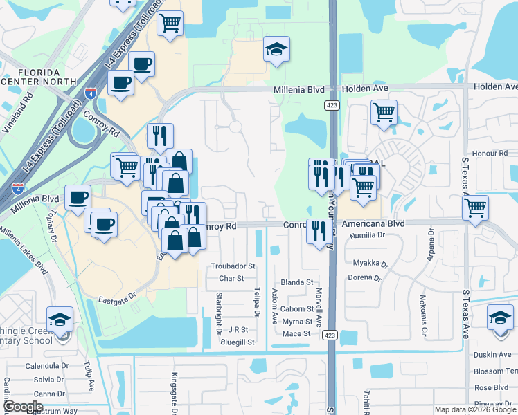 map of restaurants, bars, coffee shops, grocery stores, and more near 3577 Conroy Road in Orlando