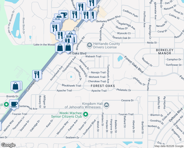 map of restaurants, bars, coffee shops, grocery stores, and more near 7449 Navajo Trail in Spring Hill