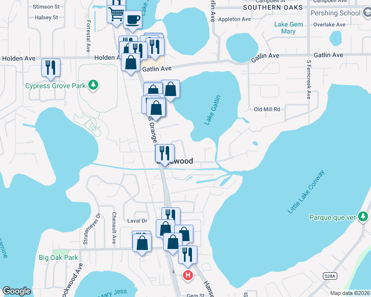 map of restaurants, bars, coffee shops, grocery stores, and more near 5117 The Oaks Circle in Orlando