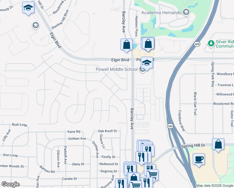 map of restaurants, bars, coffee shops, grocery stores, and more near 14200 Andrew Scott Road in Spring Hill