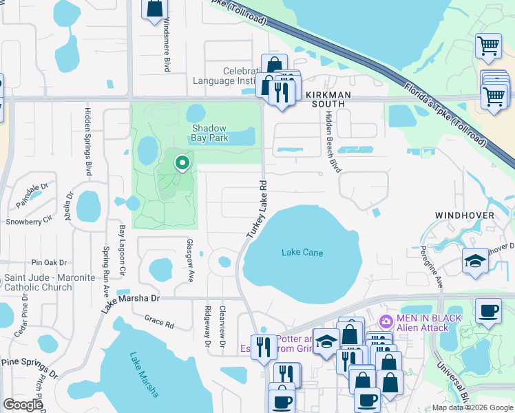 map of restaurants, bars, coffee shops, grocery stores, and more near 7002 Crestlake Drive in Orlando