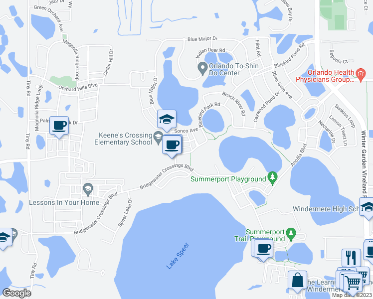 map of restaurants, bars, coffee shops, grocery stores, and more near 14533 Bluebird Park Road in Windermere