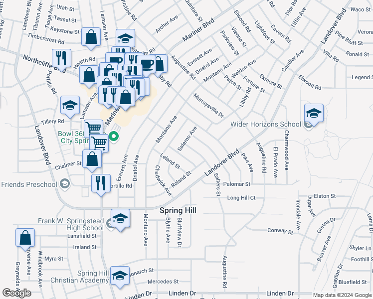 map of restaurants, bars, coffee shops, grocery stores, and more near 11256 Salters Street in Spring Hill