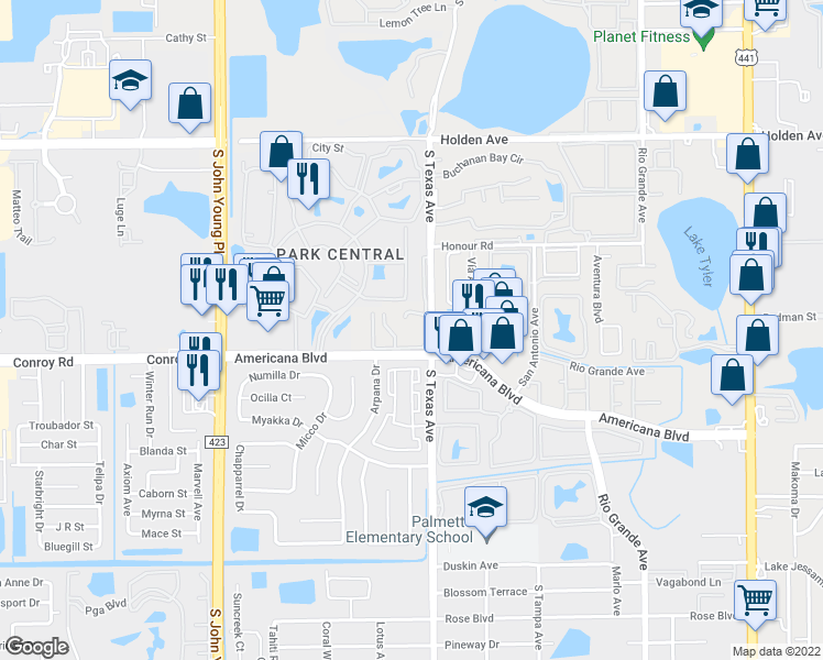 map of restaurants, bars, coffee shops, grocery stores, and more near 5180 Downing Street in Orlando