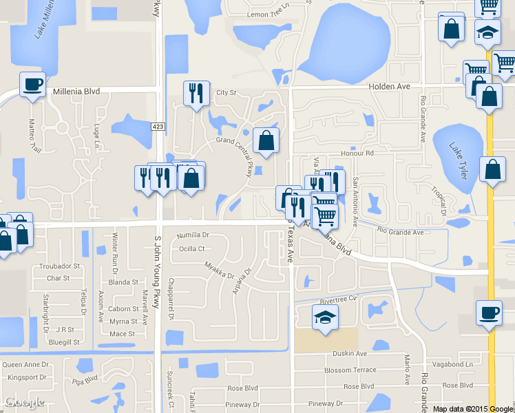map of restaurants, bars, coffee shops, grocery stores, and more near 5133 Picadilly Circus Court in Orlando