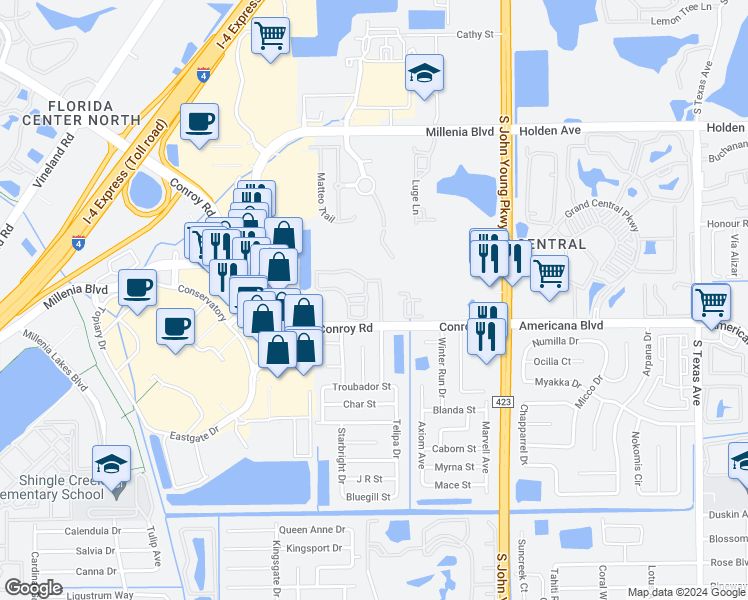 map of restaurants, bars, coffee shops, grocery stores, and more near 3713 Conroy Road in Orlando