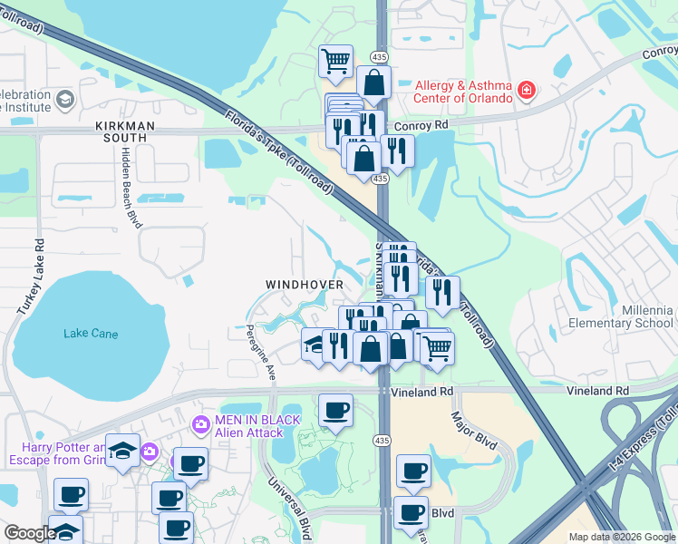 map of restaurants, bars, coffee shops, grocery stores, and more near 5181 Westwinds Drive in Orlando