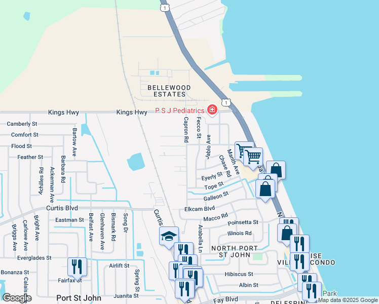 map of restaurants, bars, coffee shops, grocery stores, and more near 215 Capron Road in Cocoa