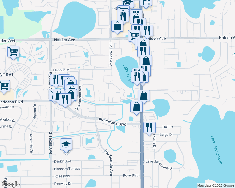 map of restaurants, bars, coffee shops, grocery stores, and more near 4937 Waterway Court in Orlando
