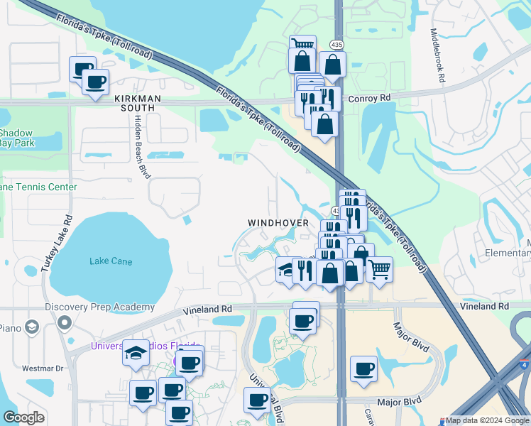 map of restaurants, bars, coffee shops, grocery stores, and more near 5092 Ernst Court in Orlando