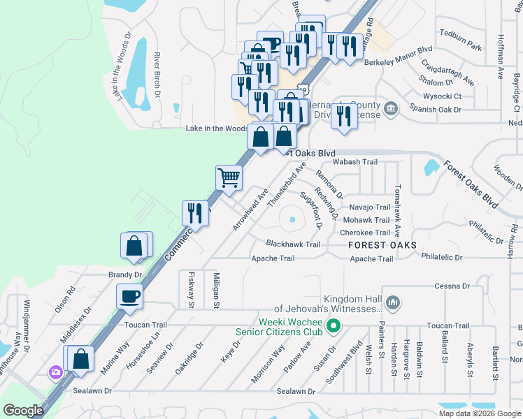 map of restaurants, bars, coffee shops, grocery stores, and more near 4027 Thunderbird Avenue in Spring Hill