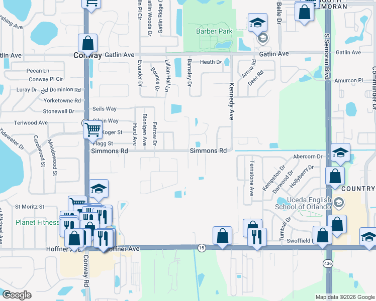 map of restaurants, bars, coffee shops, grocery stores, and more near 4602 Conway Landing Drive in Orlando