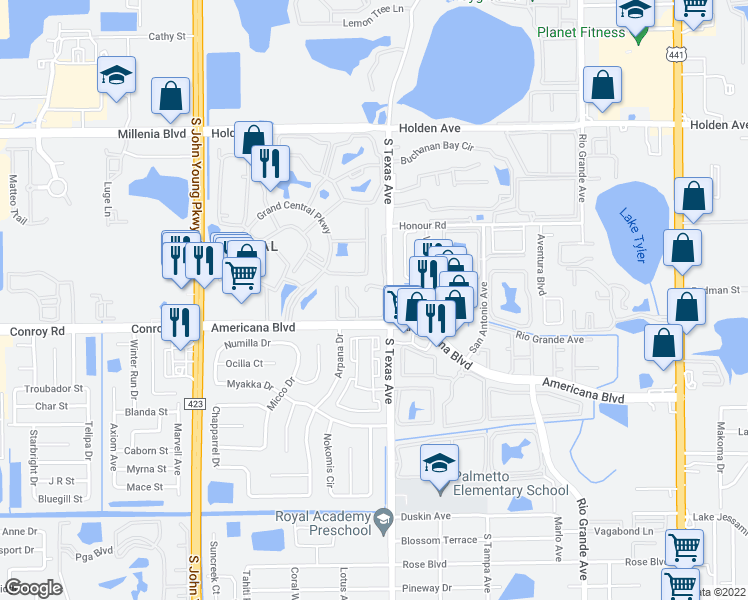 map of restaurants, bars, coffee shops, grocery stores, and more near 5180 Downing Street in Orlando
