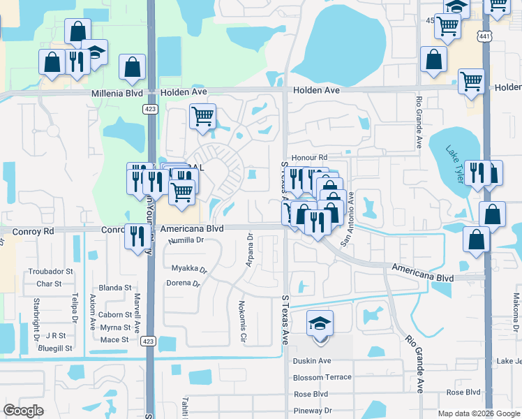 map of restaurants, bars, coffee shops, grocery stores, and more near 5133 Picadilly Circus Court in Orlando