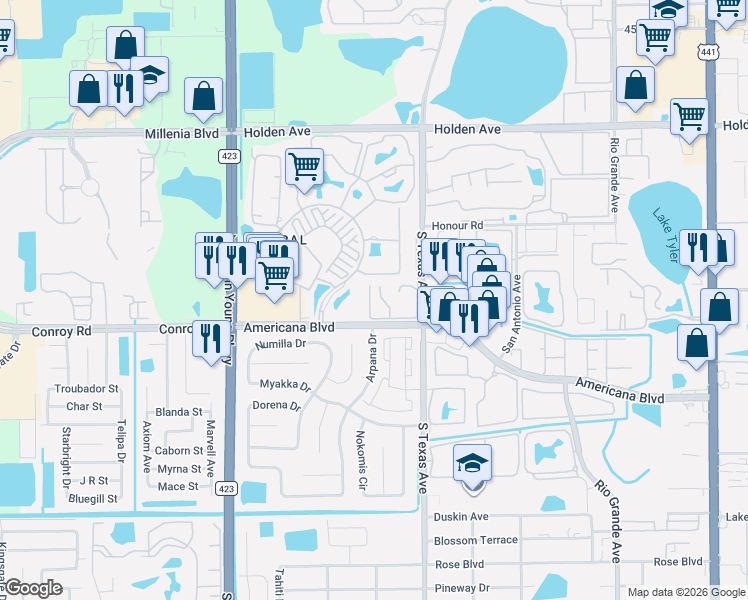 map of restaurants, bars, coffee shops, grocery stores, and more near 5133 Picadilly Circus Court in Orlando