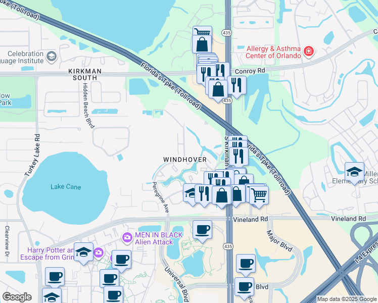 map of restaurants, bars, coffee shops, grocery stores, and more near 5123 Eaglesmere Drive in Orlando