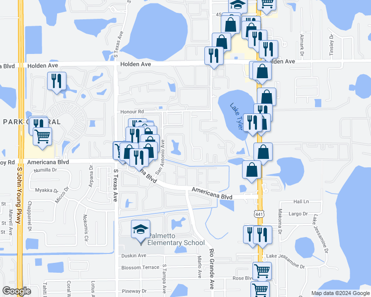 map of restaurants, bars, coffee shops, grocery stores, and more near 1948 Lake Fountain Drive in Orlando