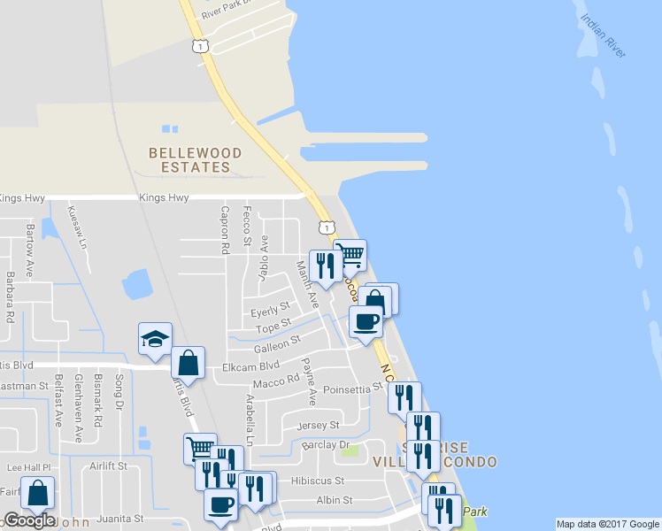 map of restaurants, bars, coffee shops, grocery stores, and more near 7347 U.S. 1 in Cocoa