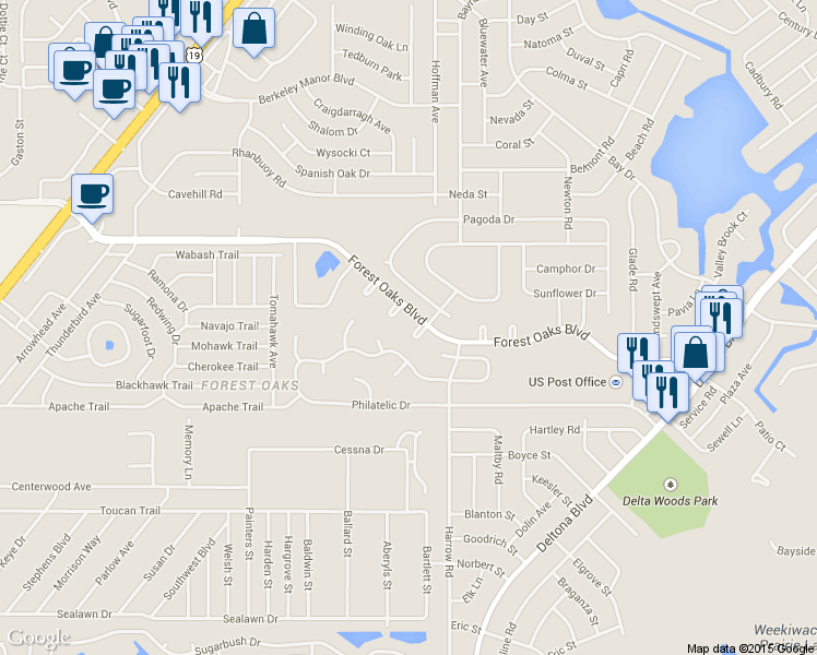 map of restaurants, bars, coffee shops, grocery stores, and more near 8236 Forest Oaks Boulevard in Spring Hill
