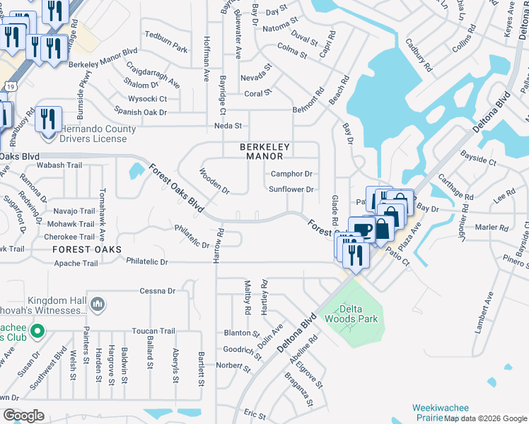 map of restaurants, bars, coffee shops, grocery stores, and more near 8349 Forest Oaks Blvd in Spring Hill