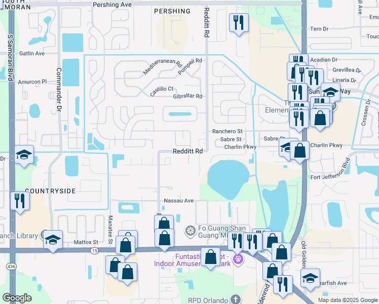 map of restaurants, bars, coffee shops, grocery stores, and more near 6881 Redditt Road in Orlando