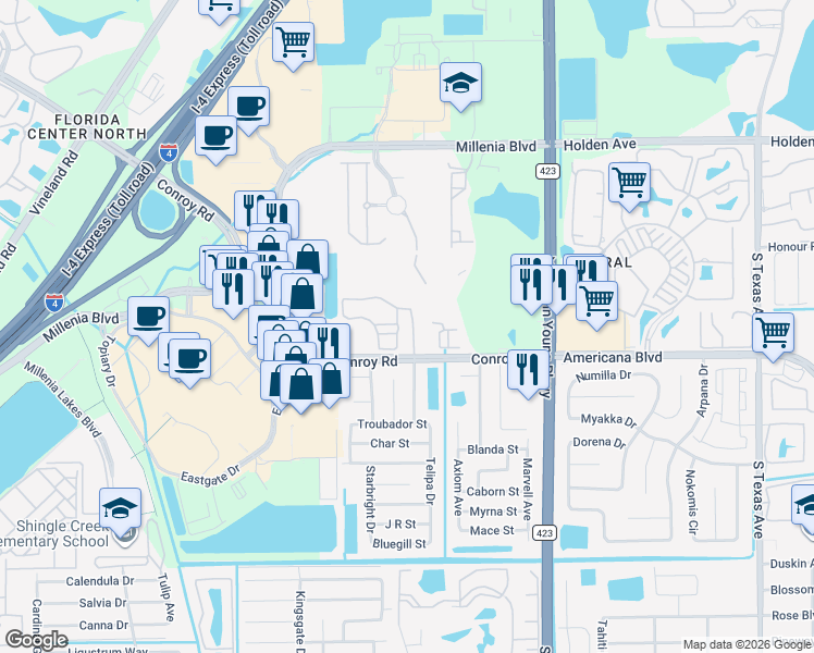 map of restaurants, bars, coffee shops, grocery stores, and more near 3713 Conroy Road in Orlando