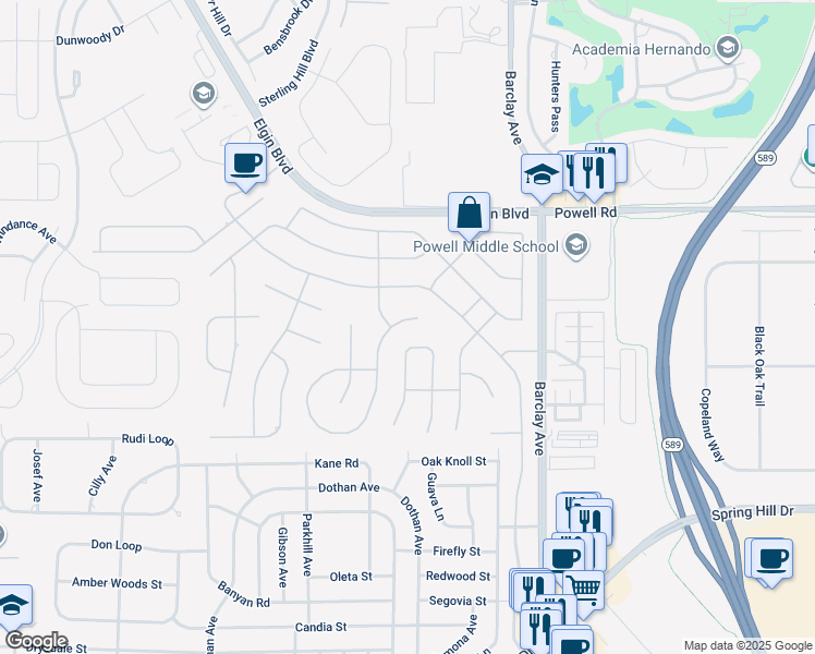 map of restaurants, bars, coffee shops, grocery stores, and more near 4042 Cedar Crest Loop in Spring Hill