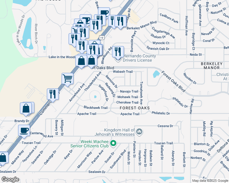 map of restaurants, bars, coffee shops, grocery stores, and more near 4062 Redwing Drive in Spring Hill