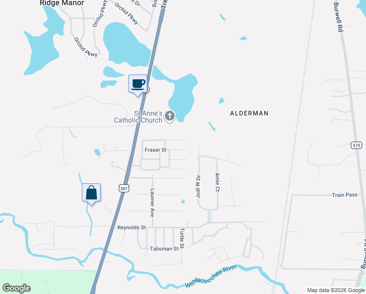 map of restaurants, bars, coffee shops, grocery stores, and more near 35005 Fraser Street in Dade City