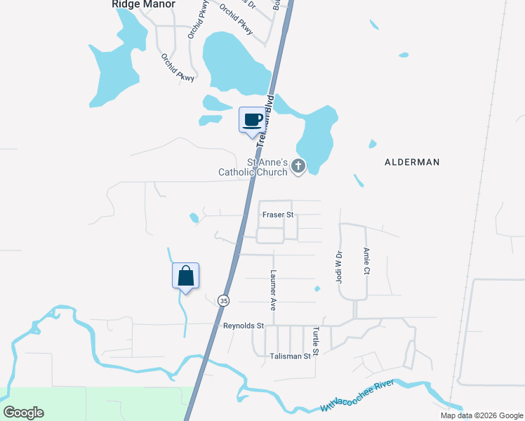 map of restaurants, bars, coffee shops, grocery stores, and more near 34895 Fraser Street in Dade City