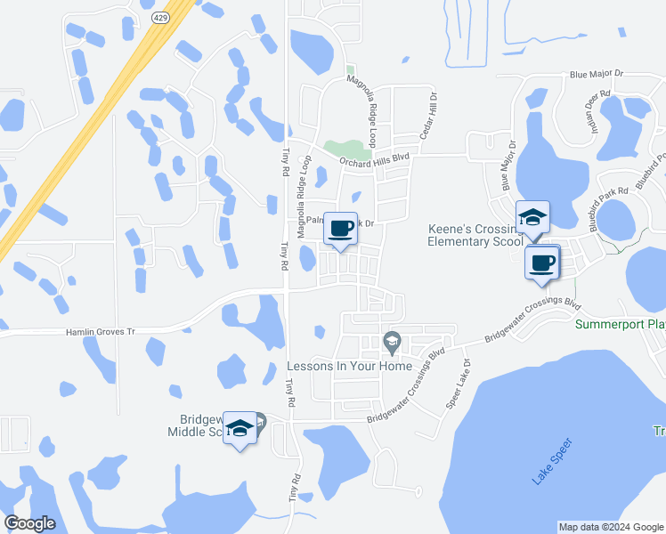 map of restaurants, bars, coffee shops, grocery stores, and more near 5782 Mangrove Cove Avenue in Winter Garden