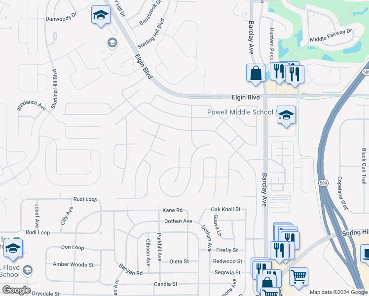 map of restaurants, bars, coffee shops, grocery stores, and more near 4024 Littleleaf Court in Spring Hill