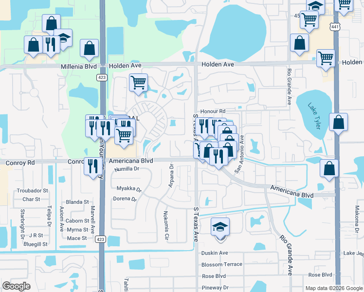 map of restaurants, bars, coffee shops, grocery stores, and more near 5133 Picadilly Circus Court in Orlando