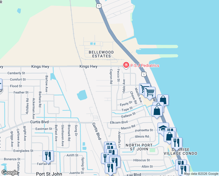 map of restaurants, bars, coffee shops, grocery stores, and more near 208 Capron Road in Cocoa