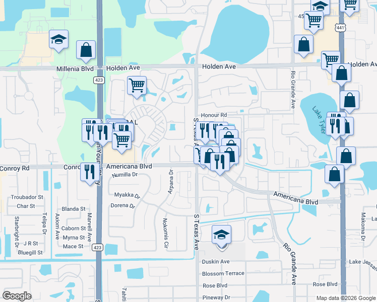 map of restaurants, bars, coffee shops, grocery stores, and more near 5180 Downing Street in Orlando