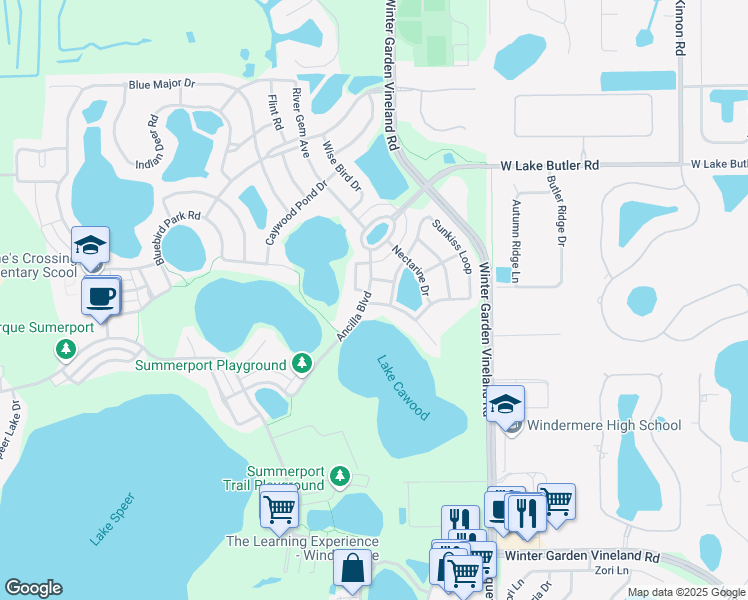 map of restaurants, bars, coffee shops, grocery stores, and more near 13836 Ancilla Boulevard in Windermere