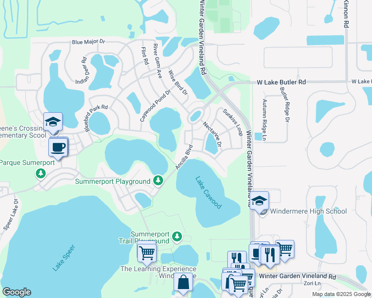 map of restaurants, bars, coffee shops, grocery stores, and more near 13836 Ancilla Boulevard in Windermere