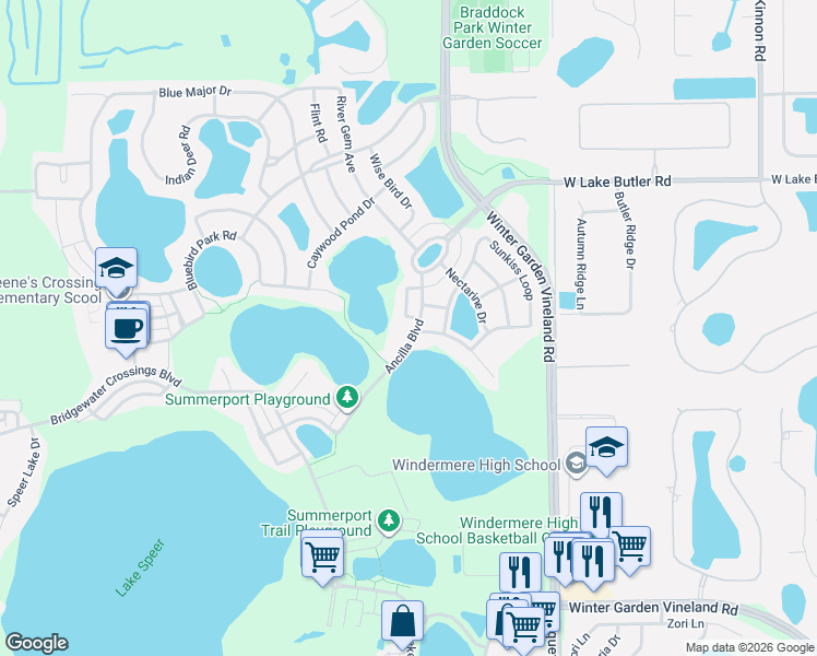 map of restaurants, bars, coffee shops, grocery stores, and more near 13836 Ancilla Boulevard in Windermere