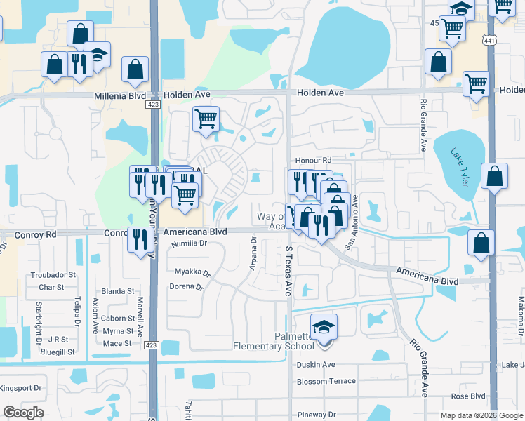 map of restaurants, bars, coffee shops, grocery stores, and more near 5133 Picadilly Circus Court in Orlando