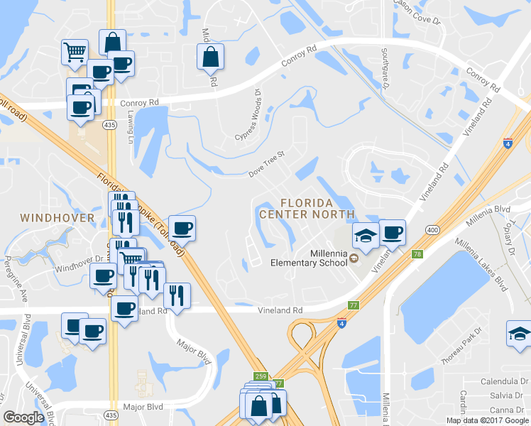 map of restaurants, bars, coffee shops, grocery stores, and more near 5111 Cypress Creek Drive in Orlando