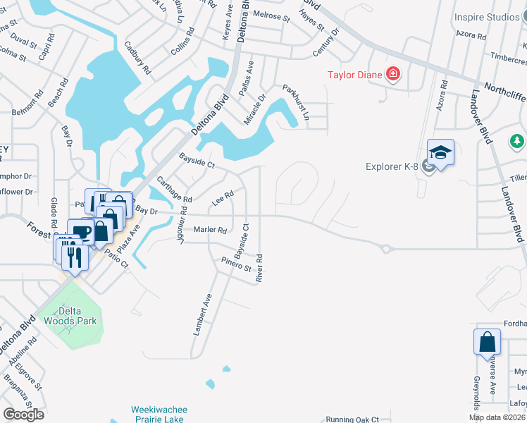 map of restaurants, bars, coffee shops, grocery stores, and more near 9598 River Road in Spring Hill