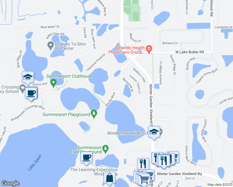 map of restaurants, bars, coffee shops, grocery stores, and more near 13832 Ancilla Boulevard in Windermere