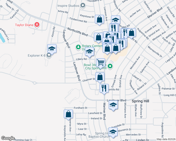 map of restaurants, bars, coffee shops, grocery stores, and more near 4024 Portillo Road in Spring Hill