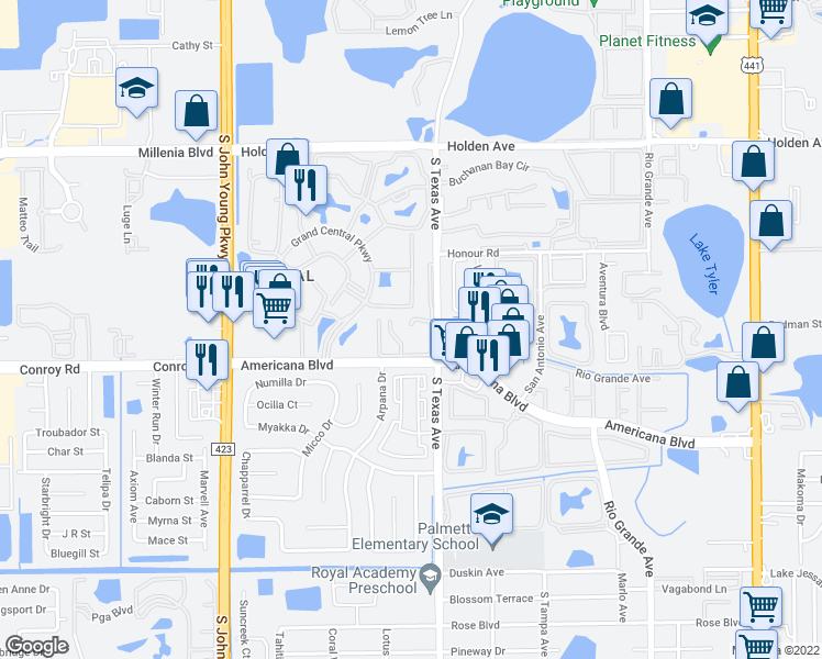 map of restaurants, bars, coffee shops, grocery stores, and more near 5176 Downing Street in Orlando