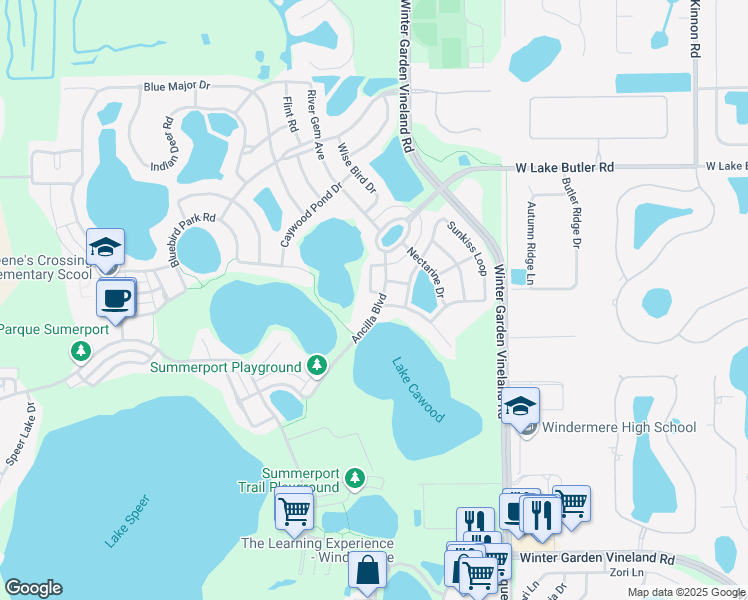 map of restaurants, bars, coffee shops, grocery stores, and more near 13836 Ancilla Boulevard in Windermere