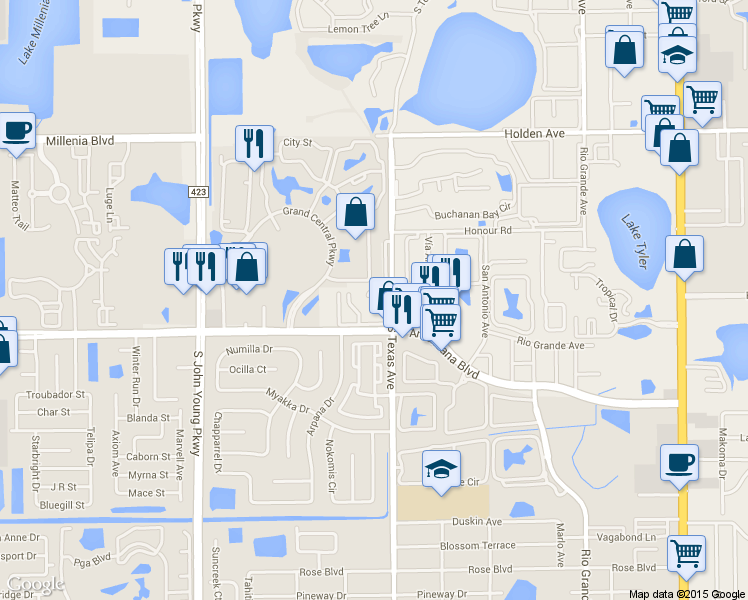 map of restaurants, bars, coffee shops, grocery stores, and more near 5180 Downing Street in Orlando